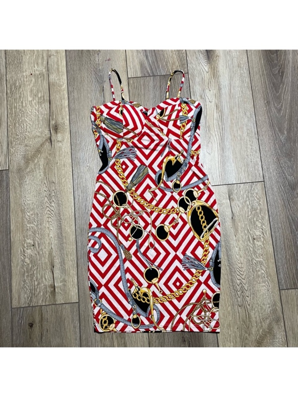 Red Geometric Chain-Print Bodycon Dress